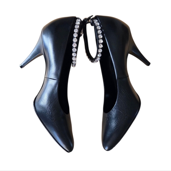 GUCCI Crystal Ankle Strap Leather Pumps Heels Black 37 Style # 590988